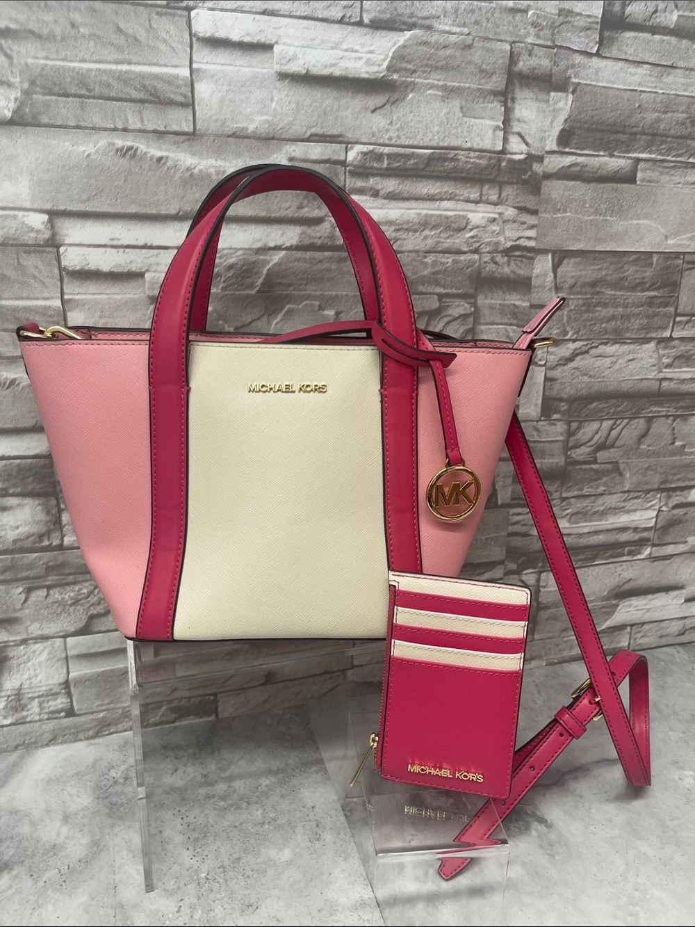 Michael Kors Pratt Small Tote Messenger & Card Holder Electric Pink Multi